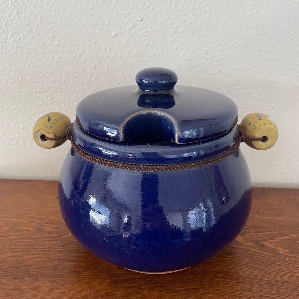 Vintage Square Nest Ceramic Soup‎ pot bowl Lid no Spoon Wood Handles cobalt blue